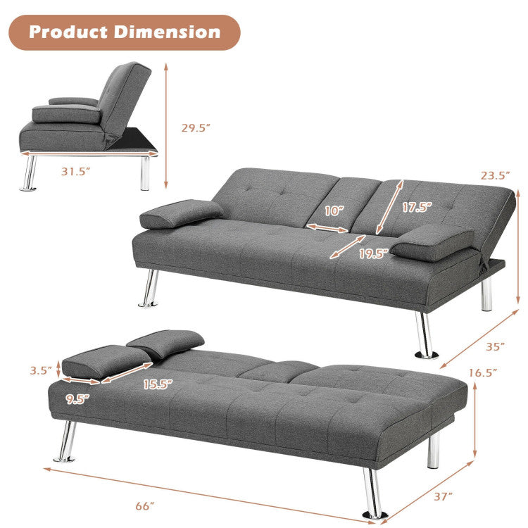 Convertible Folding Futon Sofa Bed Fabric with 2 Cup Holders--Light Gray