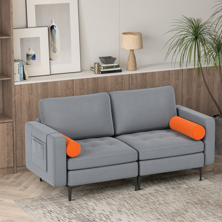 Modern Loveseat Sofa with 2 Bolsters and Side Storage Pocket