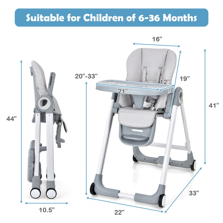 Baby Folding Convertible High Chair with Wheels and Adjustable Height