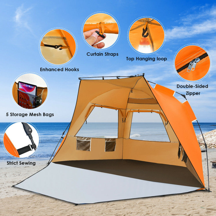 3-4 Person Easy Pop-Up Beach Tent UPF 50+ Portable Sun Shelter--Orange