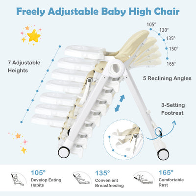 Baby Folding Convertible High Chair with Wheels and Adjustable Height