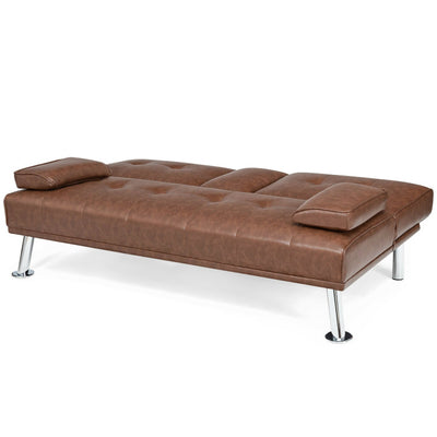 Convertible Folding Leather Futon Sofa with Cup Holders and Armrests--Brown