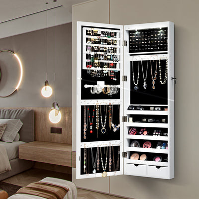 Lockable Wall Mount Mirrored Jewelry Cabinet with LED Lights