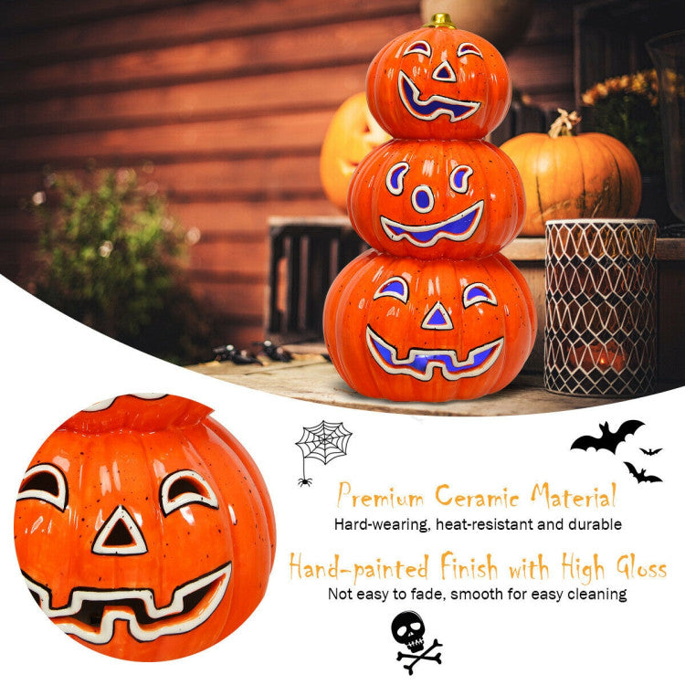 Halloween 3-Tier Color-Changing Lighted Ceramic Pumpkin Lantern