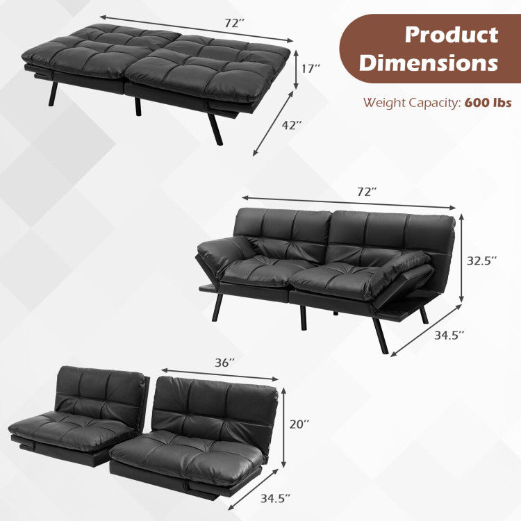 Convertible Memory Foam Futon Sofa Bed with Adjustable Armrest--Black