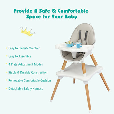 4 in 1 Convertible Baby High Chair with Detachable Tray and Removable Cushion