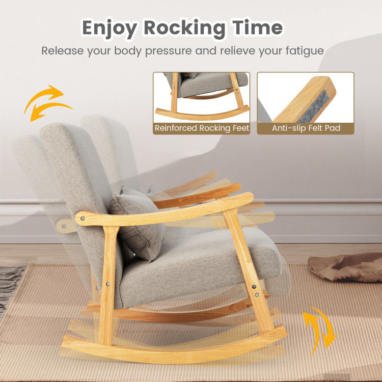 Upholstered Rocking Chair with Pillow and Rubber Wood Frame