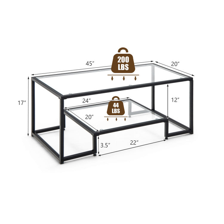 Modern 2-Tier Rectangular Coffee Table with Glass Table Top