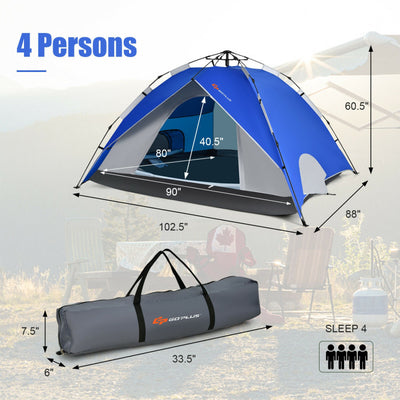 2-in-1 4 Person Instant Pop-up Waterproof Camping Tent--Blue