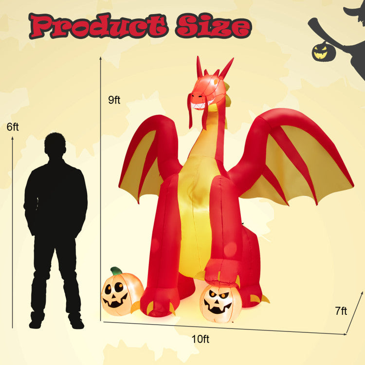 10 Feet Outdoor Halloween Decor Giant Inflatable Animated Fire Dragon with Built-in LED Lights