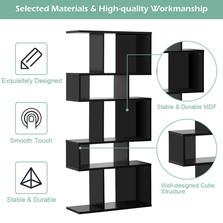 5-Tier Wood Geometric Bookshelf with S Shaped Design