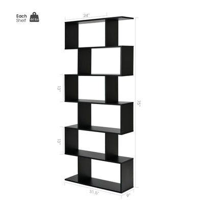 6 Tier S-Shaped Bookshelf Storage Display Bookcase Decor Z-Shelf