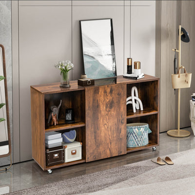 Wood Storage Cabinet with Wheels and 6 Compartments--Rustic Brown