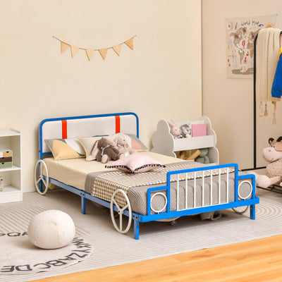 Twin Size Kids Bed Frame Car Shaped Metal Platform Bed with Upholstered Headboard