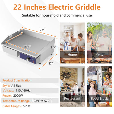 Commercial Electric Griddle with 122℉-572℉ Adjustable Temperature Control