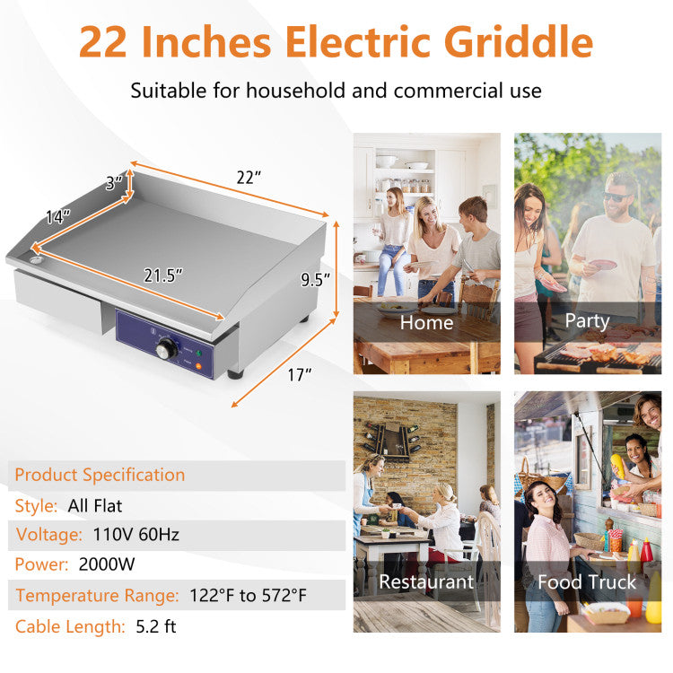 Commercial Electric Griddle with 122℉-572℉ Adjustable Temperature Control