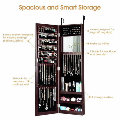 Full Length Mirror Jewelry Cabinet with Ring Slots and Necklace Hooks