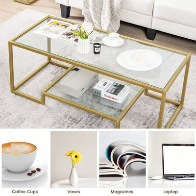 Modern 2-Tier Rectangular Coffee Table with Glass Table Top