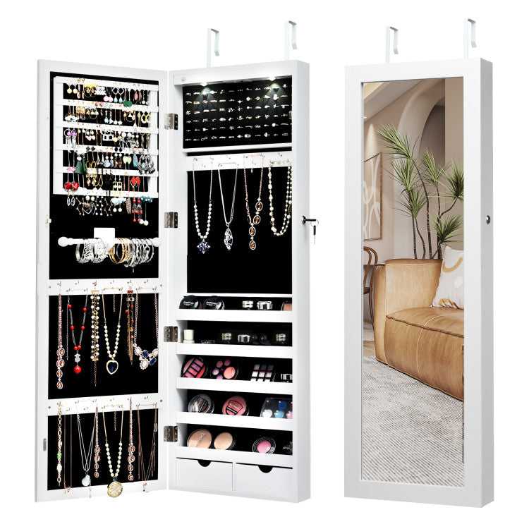 Lockable Wall Mount Mirrored Jewelry Cabinet with LED Lights