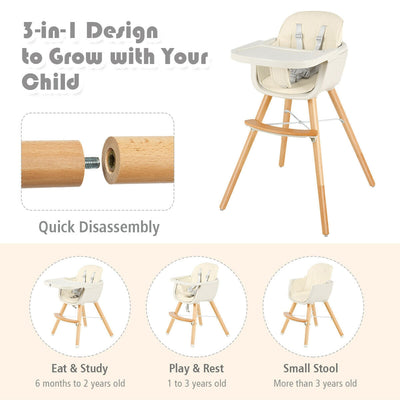 3 in 1 Convertible Wooden Baby High Chair with Cushion