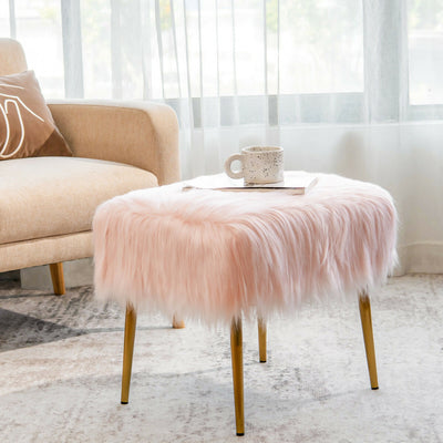 Faux Fur Vanity Stool with Golden Metal Legs for Makeup Room-Pink