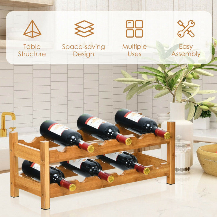 2-Tier Natural 12 Bottles Bamboo Storage Shelf  Wine Rack