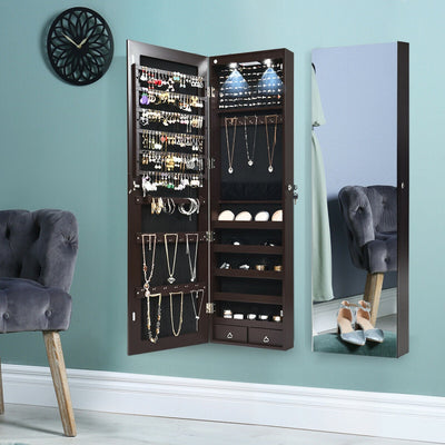 Wall and Door Mounted Mirrored Jewelry Cabinet with Lights