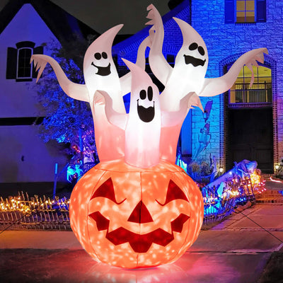 6 Feet Inflatable Halloween Three White Ghosts with Pumpkin Decor and Rotating Lamp