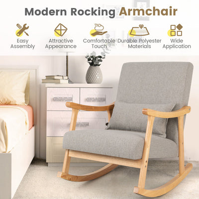 Upholstered Rocking Chair with Pillow and Rubber Wood Frame