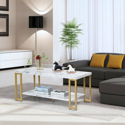 2-Tier Rectangular Modern Coffee Table with Gold Print Metal Frame