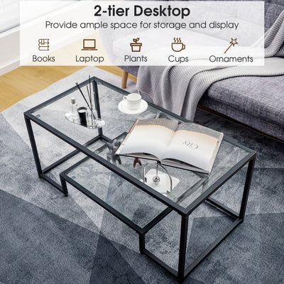 Modern 2-Tier Rectangular Coffee Table with Glass Table Top