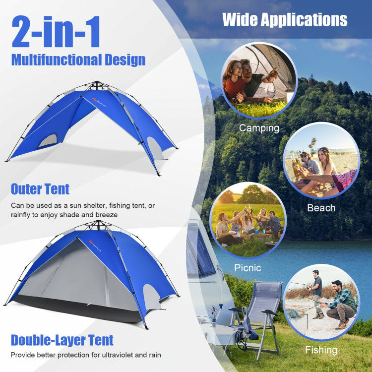 2-in-1 4 Person Instant Pop-up Waterproof Camping Tent--Blue