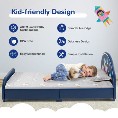 Kids Twin Size Upholstered Platform Bed with Rocket Pattern