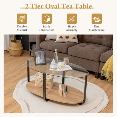 2-Tier Glass-Top Oval Coffee Table with Wooden Shelf for Living Room