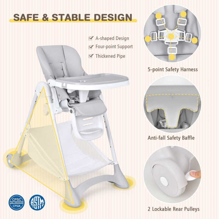 Baby Folding Chair with Wheel Tray Storage Basket