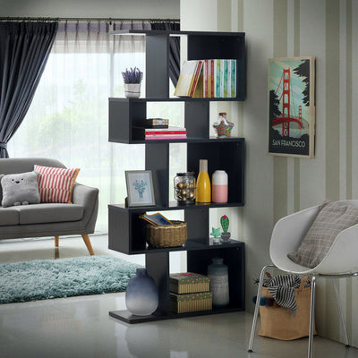 5-Tier Wood Geometric Bookshelf with S Shaped Design