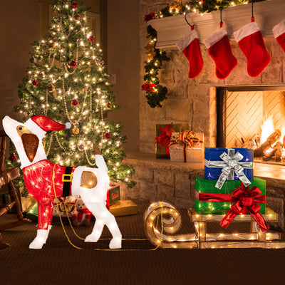 Outdoor Pre-lit Xmas Dog and Sleigh with 170 Warm Bright Lights for Porch