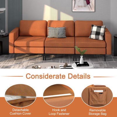 3-Seat Sectional Sofa Couch with Armrest Magazine Pocket and Metal Leg--Orange