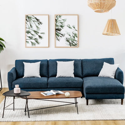 L-Shaped Fabric Sectional Sofa with Chaise Lounge and Solid Wood Legs--Navy Blue