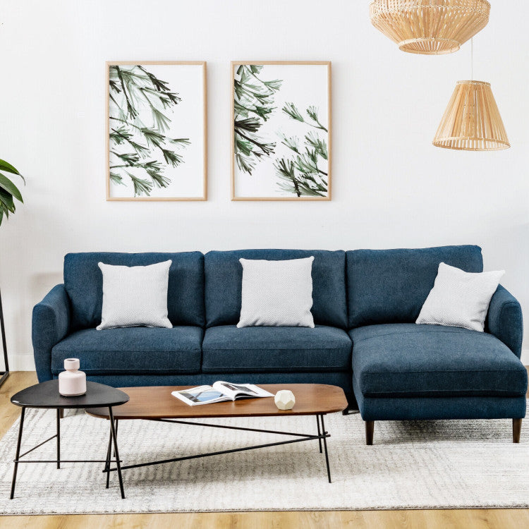 L-Shaped Fabric Sectional Sofa with Chaise Lounge and Solid Wood Legs--Navy Blue