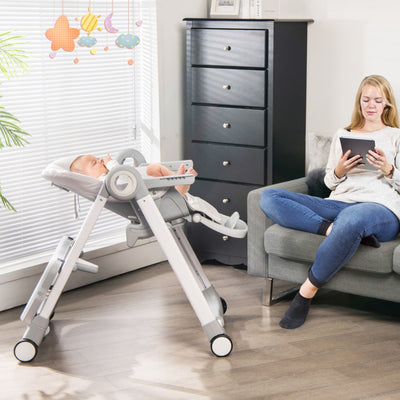 Baby Folding Convertible High Chair with Wheels and Adjustable Height