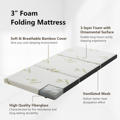 Portable Tri-fold Memory Foam Floor Mattress Topper with Carrying Bag