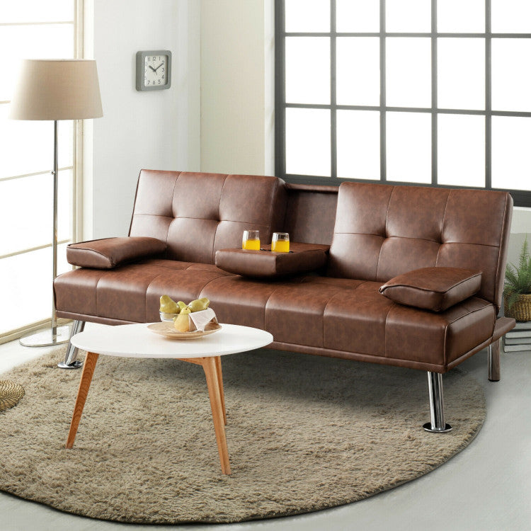 Convertible Folding Leather Futon Sofa with Cup Holders and Armrests--Brown