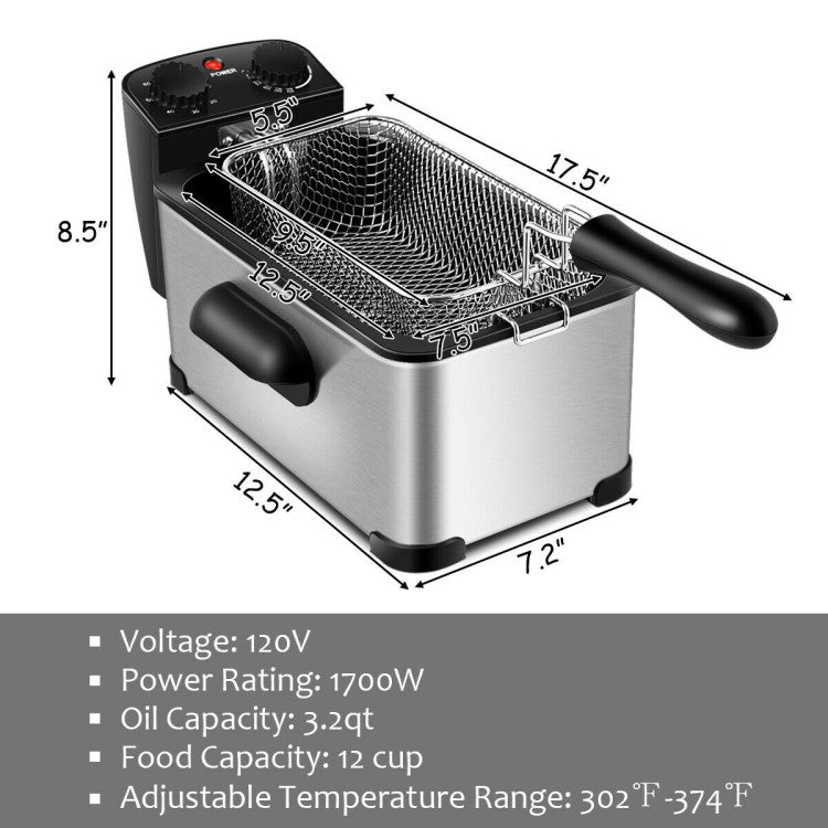 3.2 Quart Electric Stainless Steel Deep Fryer with Timer