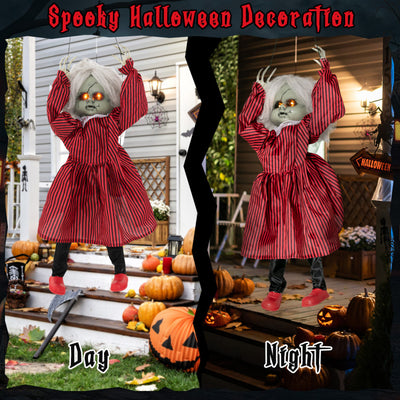 2.8 FT Halloween Animated Creepy Doll on a Swing with Pre-Recorded Phrases and LED Glowing Eyes