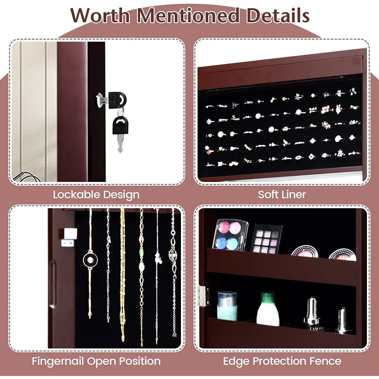 Lockable Wall Door Mounted Mirror Jewelry Cabinet with LED Lights