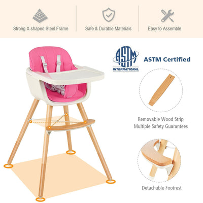 3 in 1 Convertible Cushioned Wooden Baby High Chair with Cushion