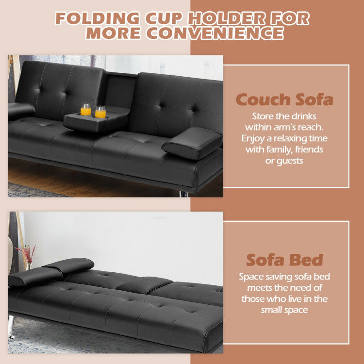 Convertible Folding Leather Futon Sofa with Cup Holders and Armrests--Black