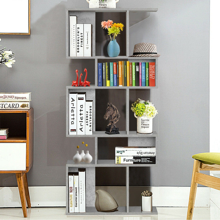 5-Tier Wood Geometric Bookshelf with S Shaped Design