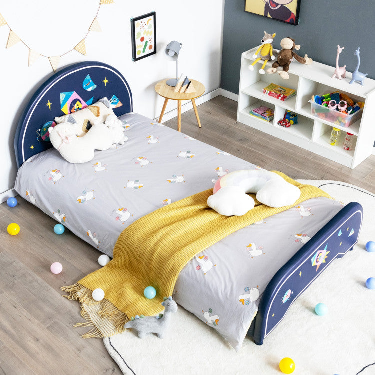 Kids Twin Size Upholstered Platform Bed with Rocket Pattern